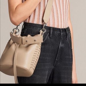 All Saints Ray Leather Drawstring Crossbody Silver Link Bag